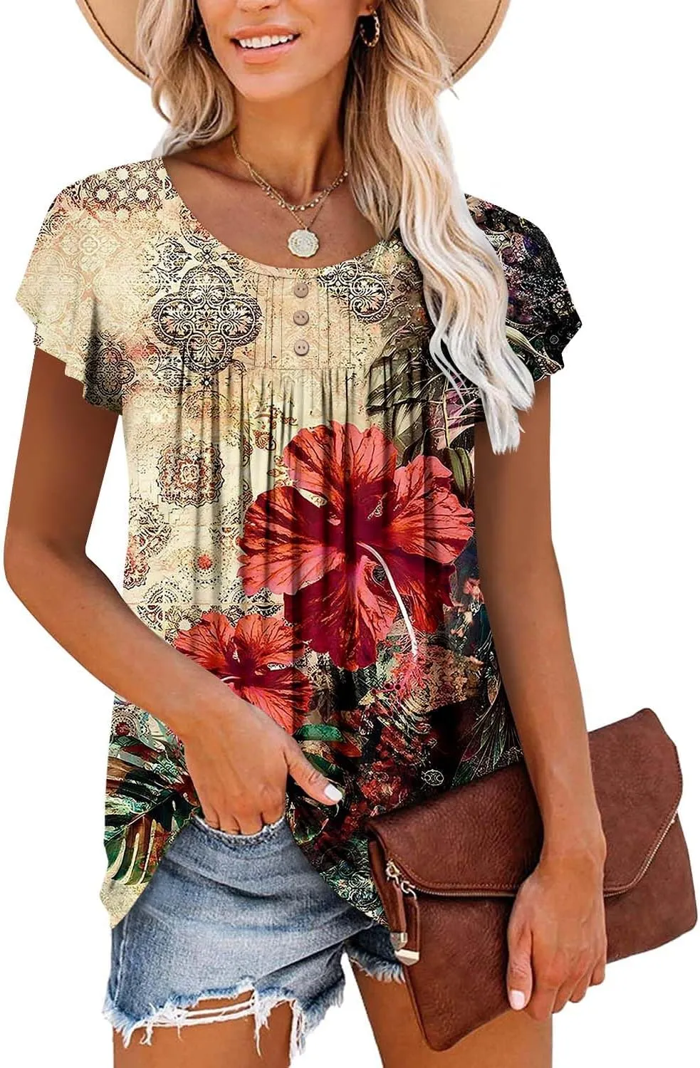 BETTE BOUTIK Women's Short Sleeve Summer Tunic Tops Flowy Flare Button Down Tunic Shirts Blouses S-3XL