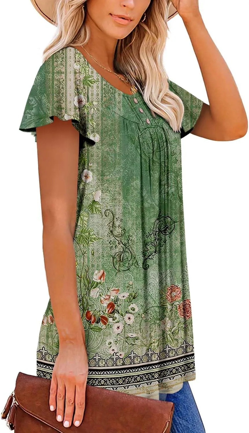 BETTE BOUTIK Women's Short Sleeve Summer Tunic Tops Flowy Flare Button Down Tunic Shirts Blouses S-3XL