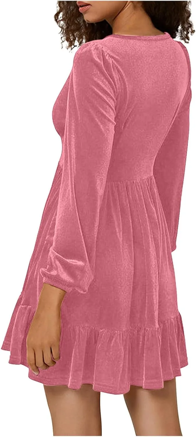 Binmer Women's 2024 Velvet Tunic Dress Casual Long Sleeve V Neck Ruffle Tiered Loose Flowy Swing Party Mini Short Dresses