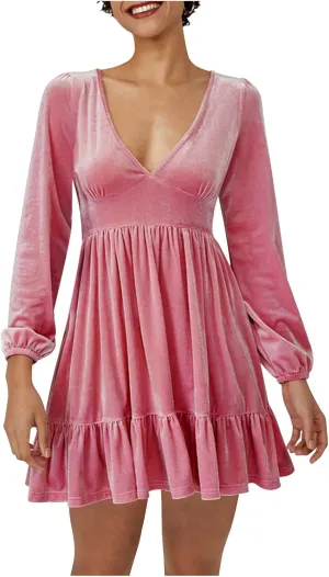 Binmer Women's 2024 Velvet Tunic Dress Casual Long Sleeve V Neck Ruffle Tiered Loose Flowy Swing Party Mini Short Dresses
