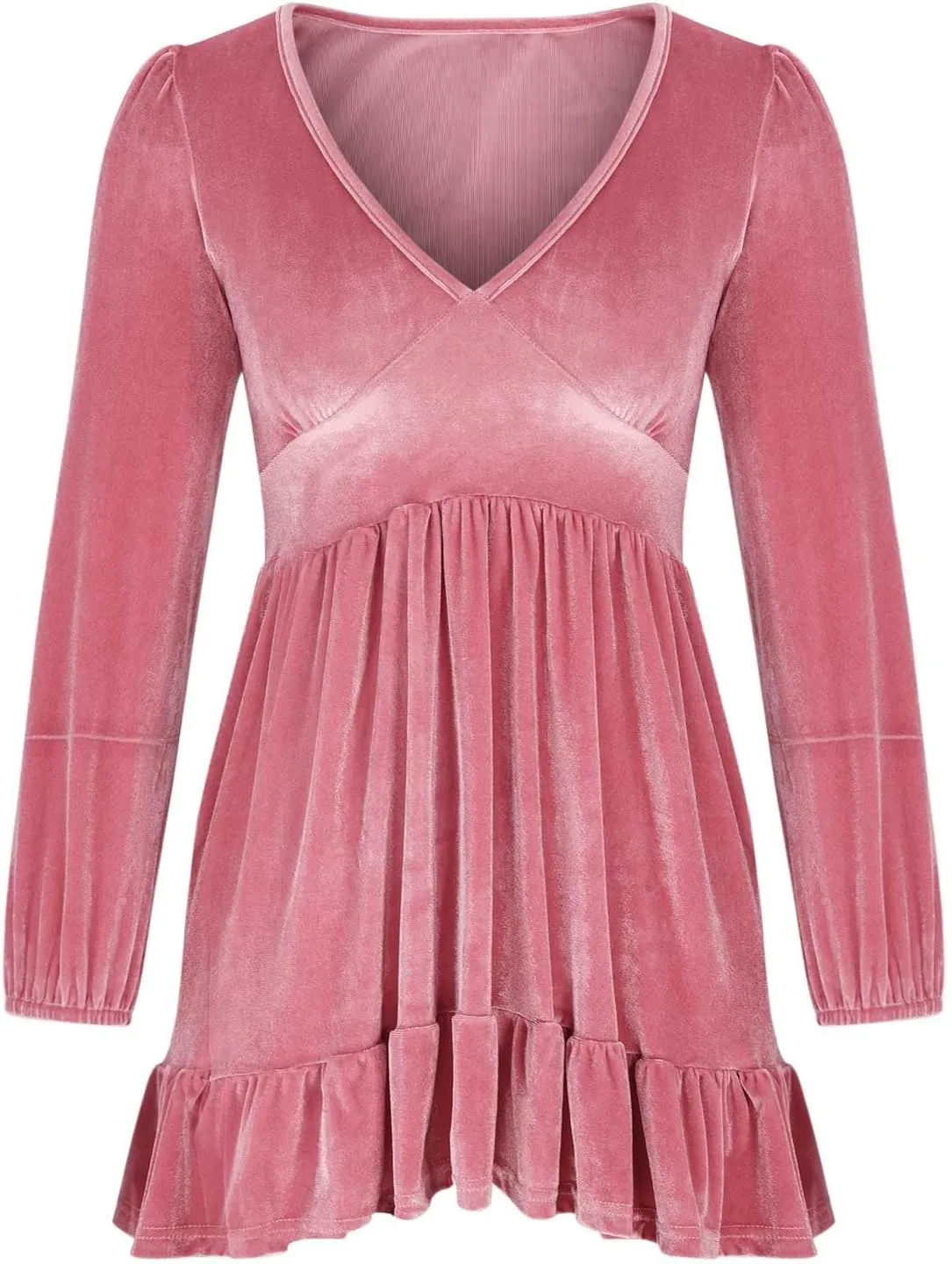 Binmer Women's 2024 Velvet Tunic Dress Casual Long Sleeve V Neck Ruffle Tiered Loose Flowy Swing Party Mini Short Dresses