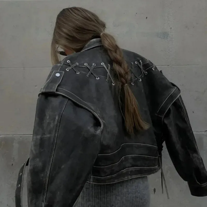 Black Friday Joskaa Retro Braid Leather Jacket Coat For Women Lace Up Splice Motorcycle Style Short Jackets Long Sleeve Slim Streetwear Coat