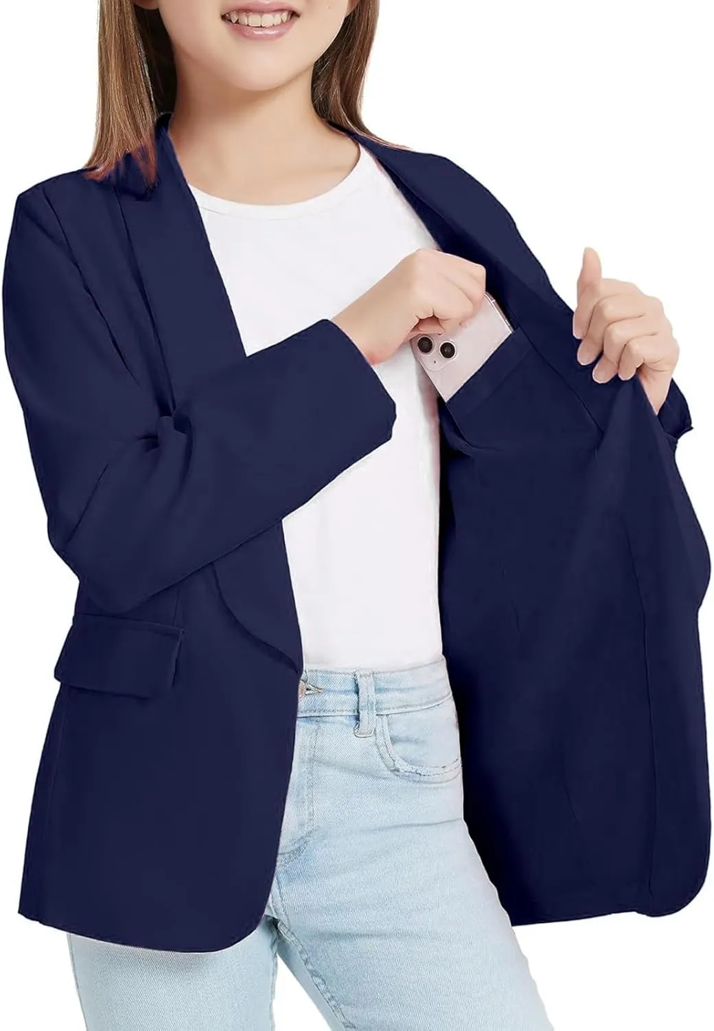 Blazer Jacket for Teen Girls Long Sleeve Y2K Solid Lapel Formal Suit Coat Casual Plus Open Front Dress Tops with Inner Pocket