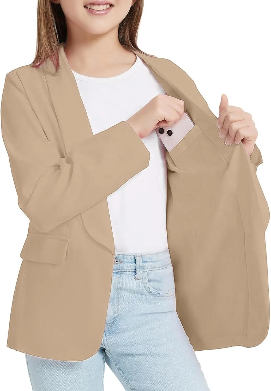 Blazer Jacket for Teen Girls Long Sleeve Y2K Solid Lapel Formal Suit Coat Casual Plus Open Front Dress Tops with Inner Pocket