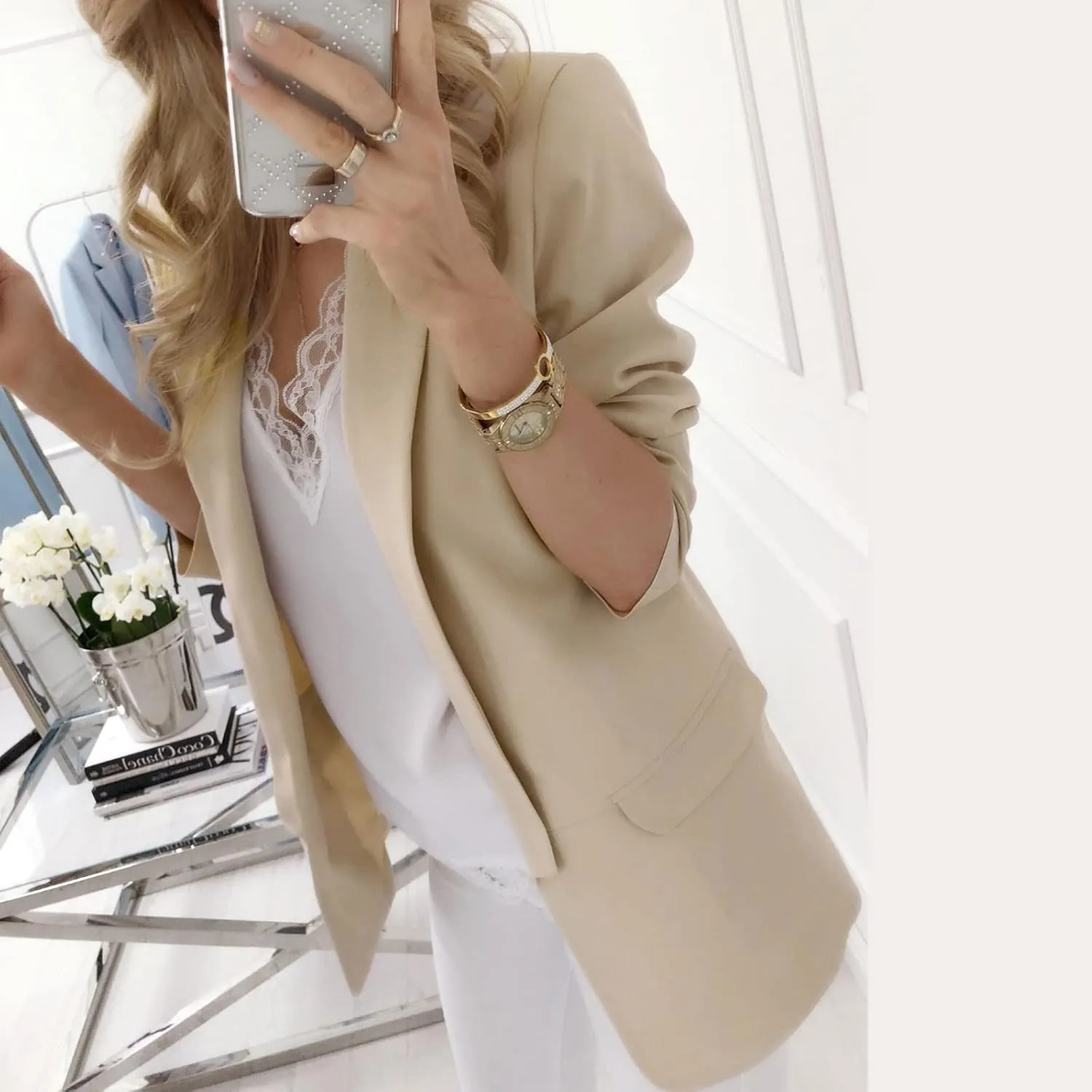Blazer Jacket for Women Long Sleeve Stretchy Work Office Blazers Open Front Lapel Button Suit Jackets with Pockets