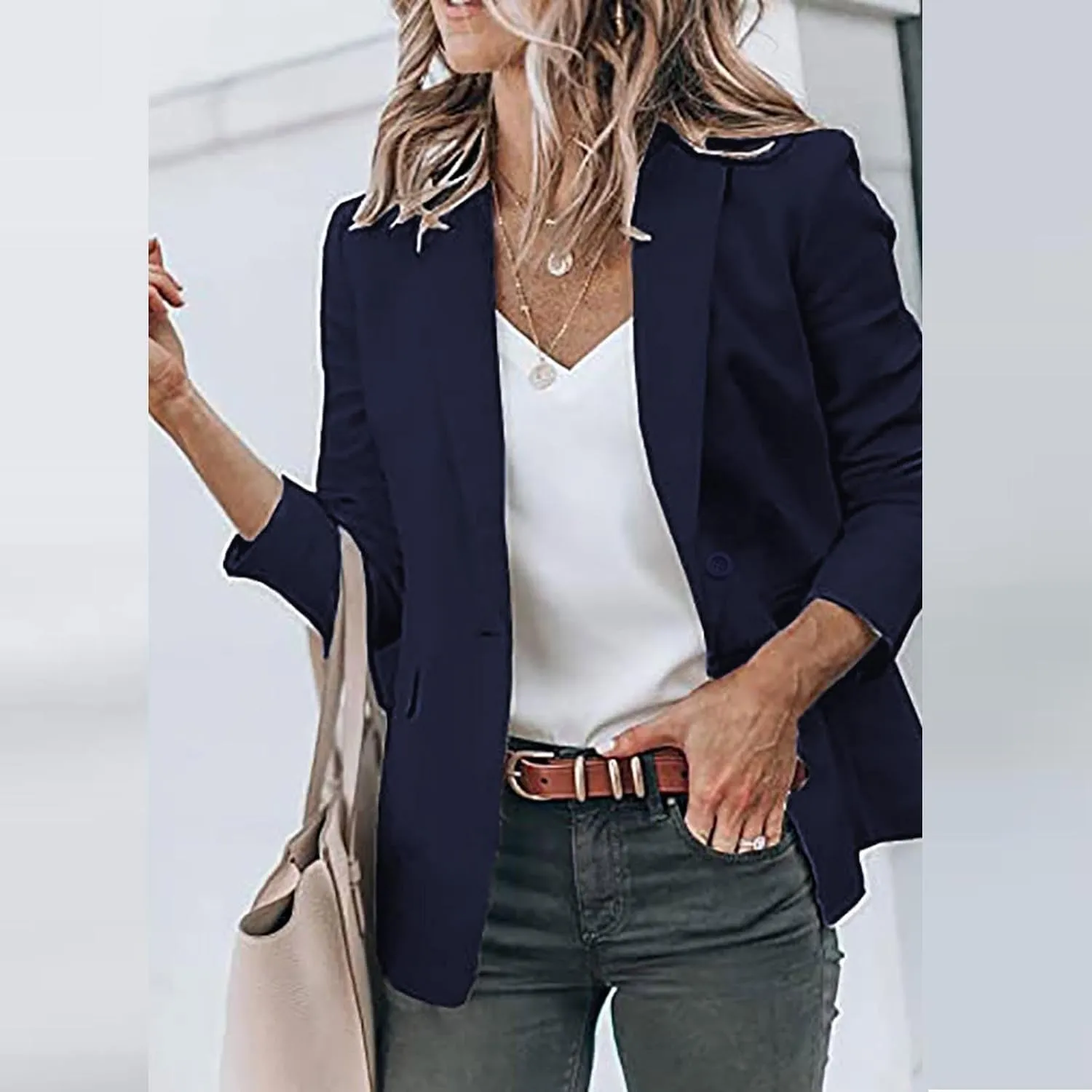 Blazer Jacket for Women Long Sleeve Stretchy Work Office Blazers Open Front Lapel Button Suit Jackets with Pockets