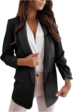 Blazer Jacket for Women Long Sleeve Stretchy Work Office Blazers Open Front Lapel Button Suit Jackets with Pockets