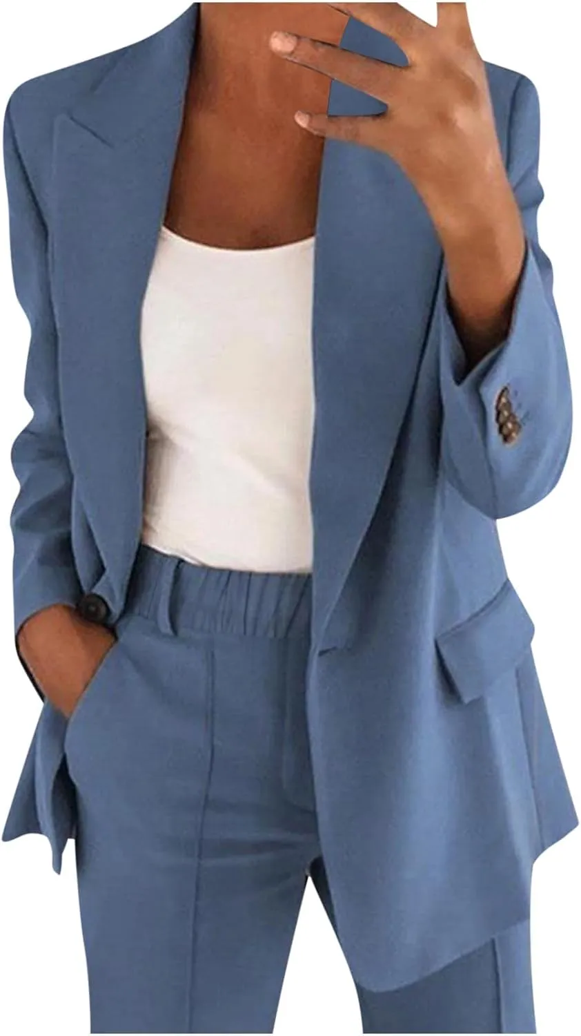Blazer Sets Women 2 Piece Outfits Dressy Pant Suits Business Casual Outfits Loose Straight Leg Pants Work Clothing Set