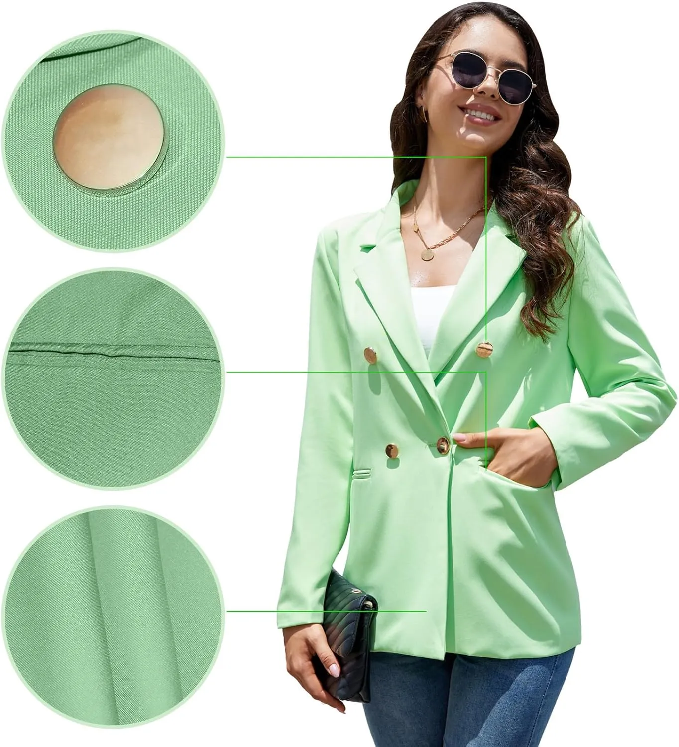 Blazers for Women Business Casual Suit Jackets, Long Sleeve Gold Button Lightweight Work Office Outfits with Pockets