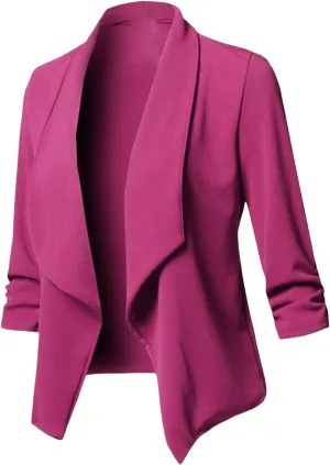 Blazers for Women Stretch 3/4 Gathered Sleeve Open Blazer Jacket Classic Draped Open Front Lightweight Blazer Tops