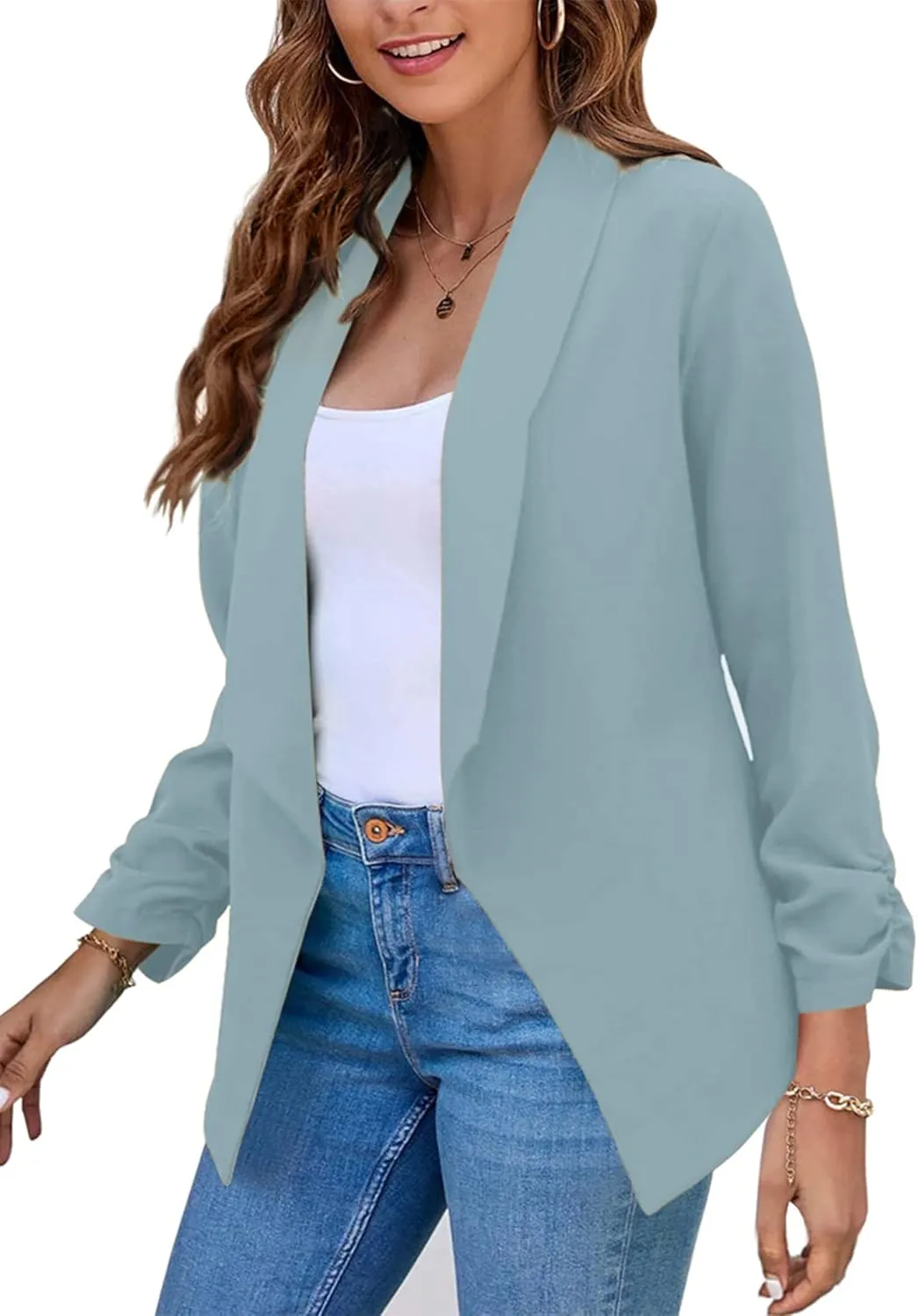 BOFETA Women Lightweight Long Sleeve Blazer Open Front Business Blazer Notched Collar Work Office Blazer