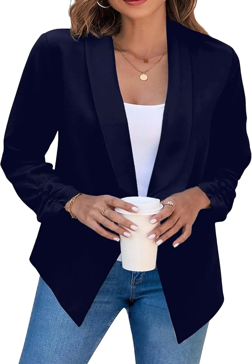 BOFETA Women Lightweight Long Sleeve Blazer Open Front Business Blazer Notched Collar Work Office Blazer