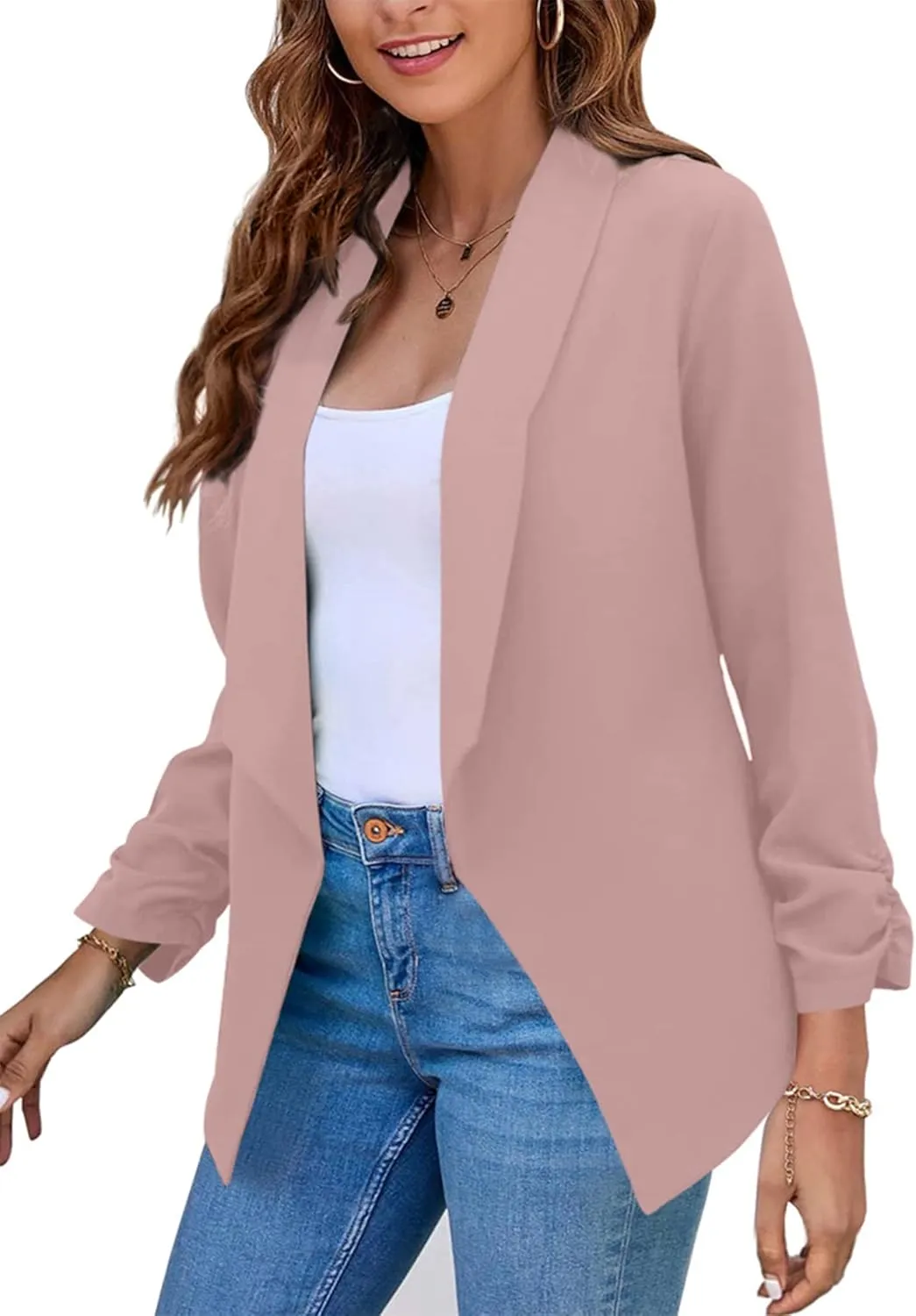 BOFETA Women Lightweight Long Sleeve Blazer Open Front Business Blazer Notched Collar Work Office Blazer