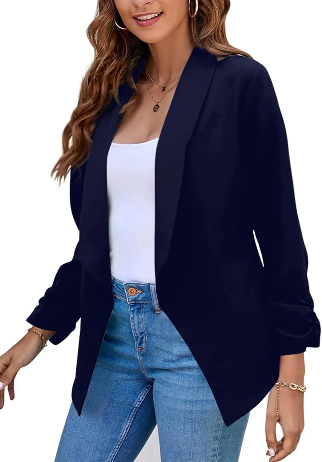 BOFETA Women Lightweight Long Sleeve Blazer Open Front Business Blazer Notched Collar Work Office Blazer