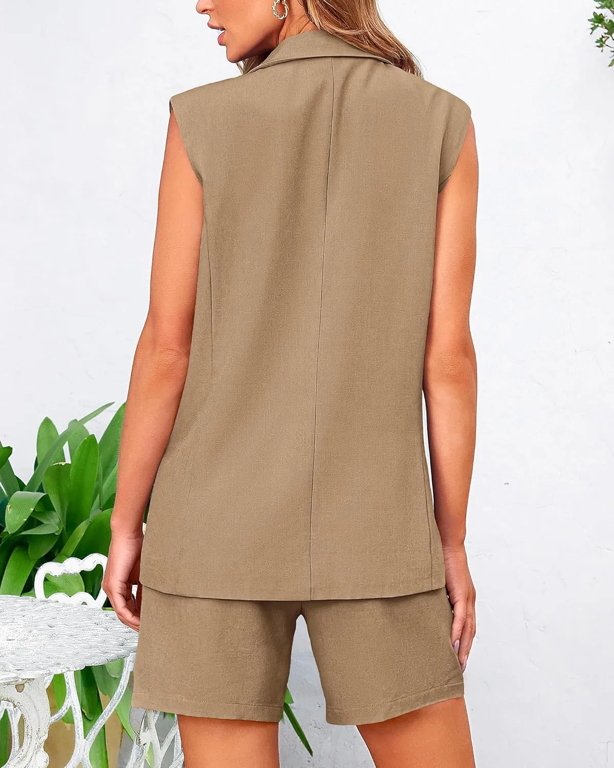 BTFBM Womens Blazer Vest Shorts Sets Lapel Neck Casual Sleeveless Button Down Office Summer 2 Piece Lounge Matching Sets