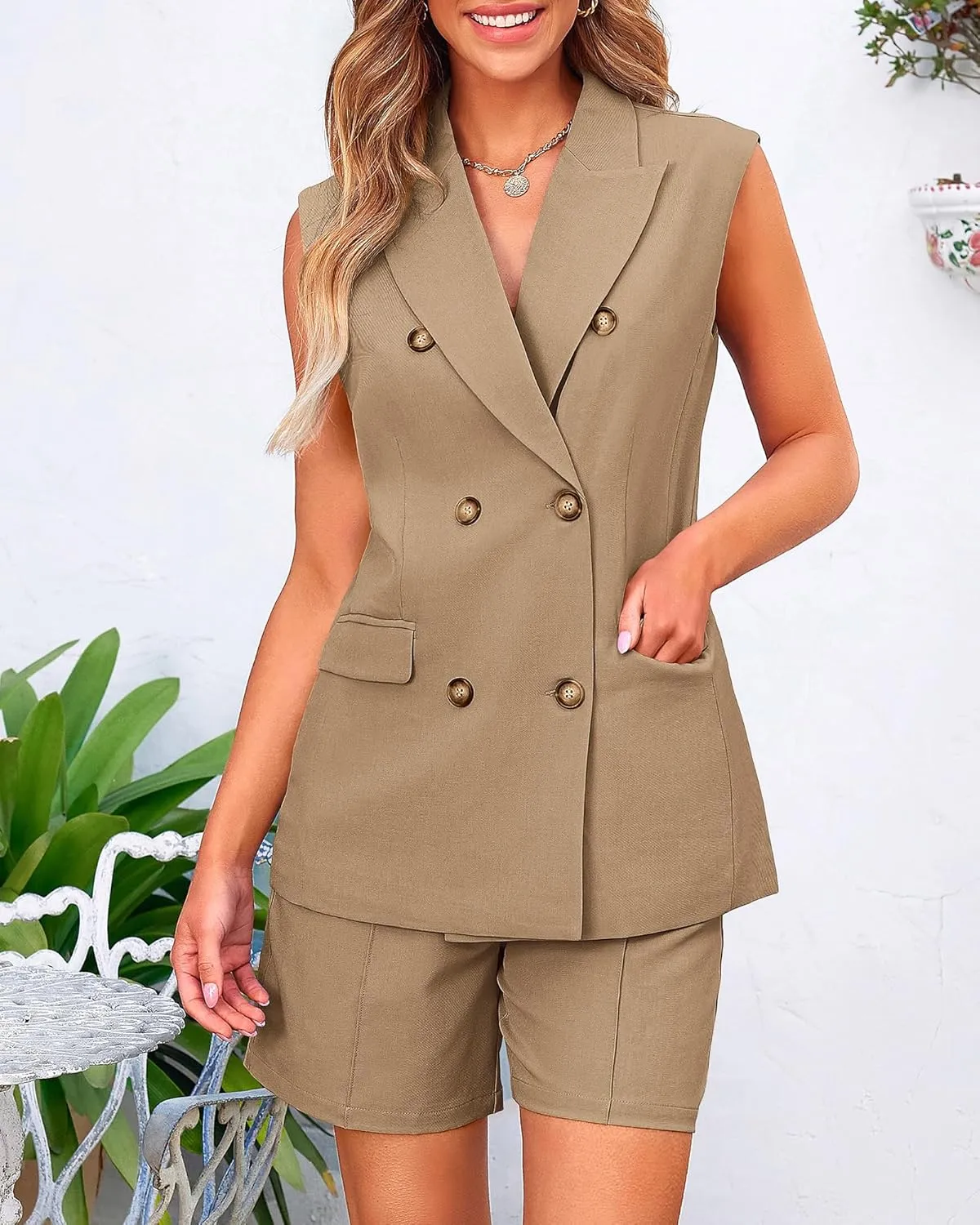 BTFBM Womens Blazer Vest Shorts Sets Lapel Neck Casual Sleeveless Button Down Office Summer 2 Piece Lounge Matching Sets