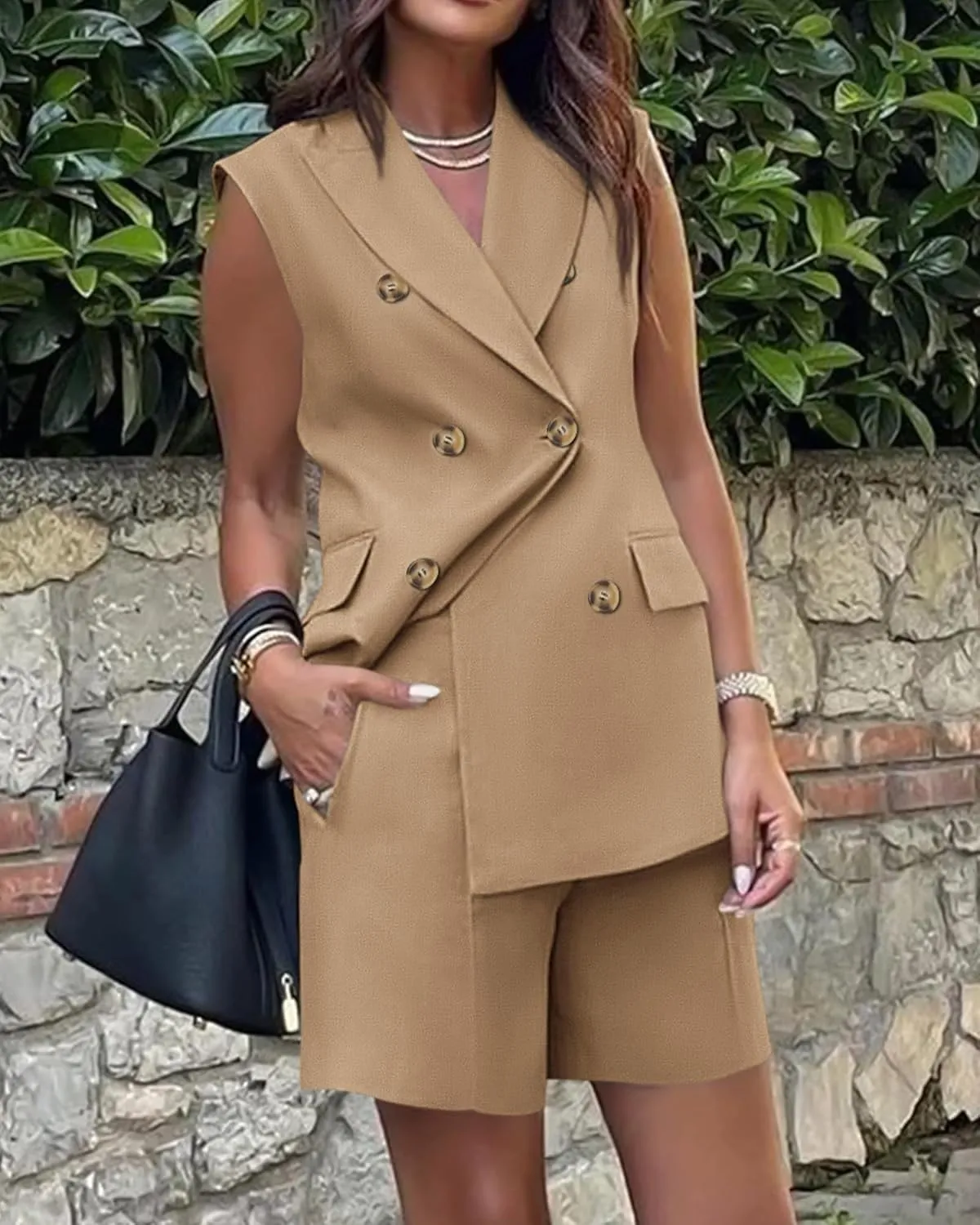 BTFBM Womens Blazer Vest Shorts Sets Lapel Neck Casual Sleeveless Button Down Office Summer 2 Piece Lounge Matching Sets