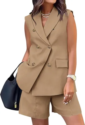 BTFBM Womens Blazer Vest Shorts Sets Lapel Neck Casual Sleeveless Button Down Office Summer 2 Piece Lounge Matching Sets