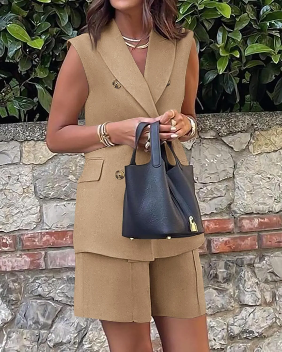 BTFBM Womens Blazer Vest Shorts Sets Lapel Neck Casual Sleeveless Button Down Office Summer 2 Piece Lounge Matching Sets