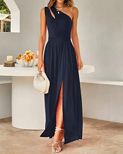 BTFBM Women's One Shoulder Cutout Sleeveless Maxi Dresses Side High Split Elegant Formal Prom Bodycon Party Cocktail Dress(Solid Navy, Medium)