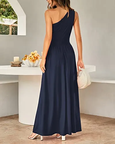 BTFBM Women's One Shoulder Cutout Sleeveless Maxi Dresses Side High Split Elegant Formal Prom Bodycon Party Cocktail Dress(Solid Navy, Medium)
