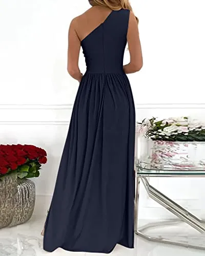 BTFBM Women's One Shoulder Cutout Sleeveless Maxi Dresses Side High Split Elegant Formal Prom Bodycon Party Cocktail Dress(Solid Navy, Medium)