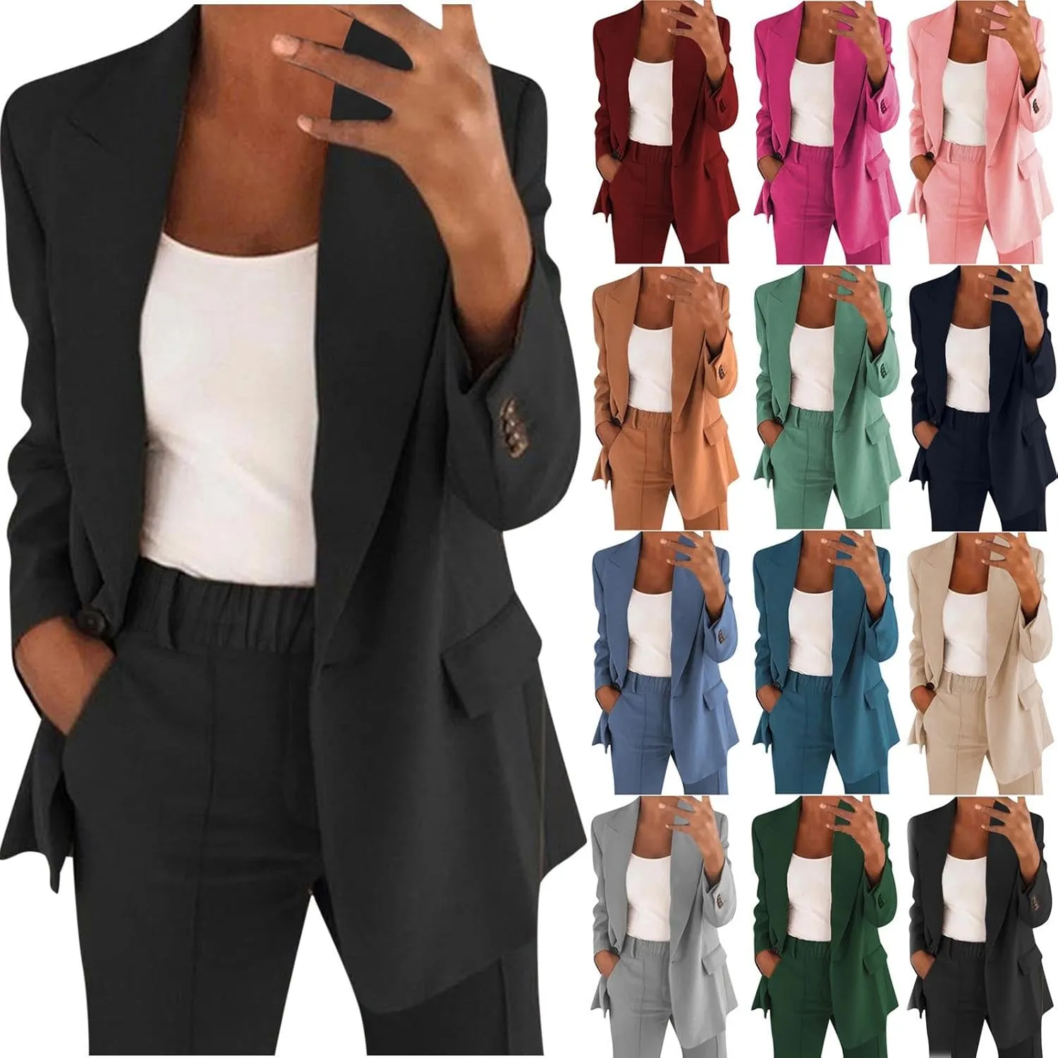 Business Casual Pant Suits Womens 2 Piece Outfits Dressy Casual Long Sleeve Blazer Sets Plus Size Wide Pants Suit Set