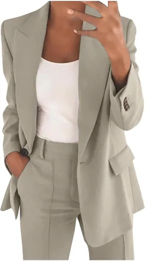 Business Casual Pant Suits Womens 2 Piece Outfits Dressy Casual Long Sleeve Blazer Sets Plus Size Wide Pants Suit Set