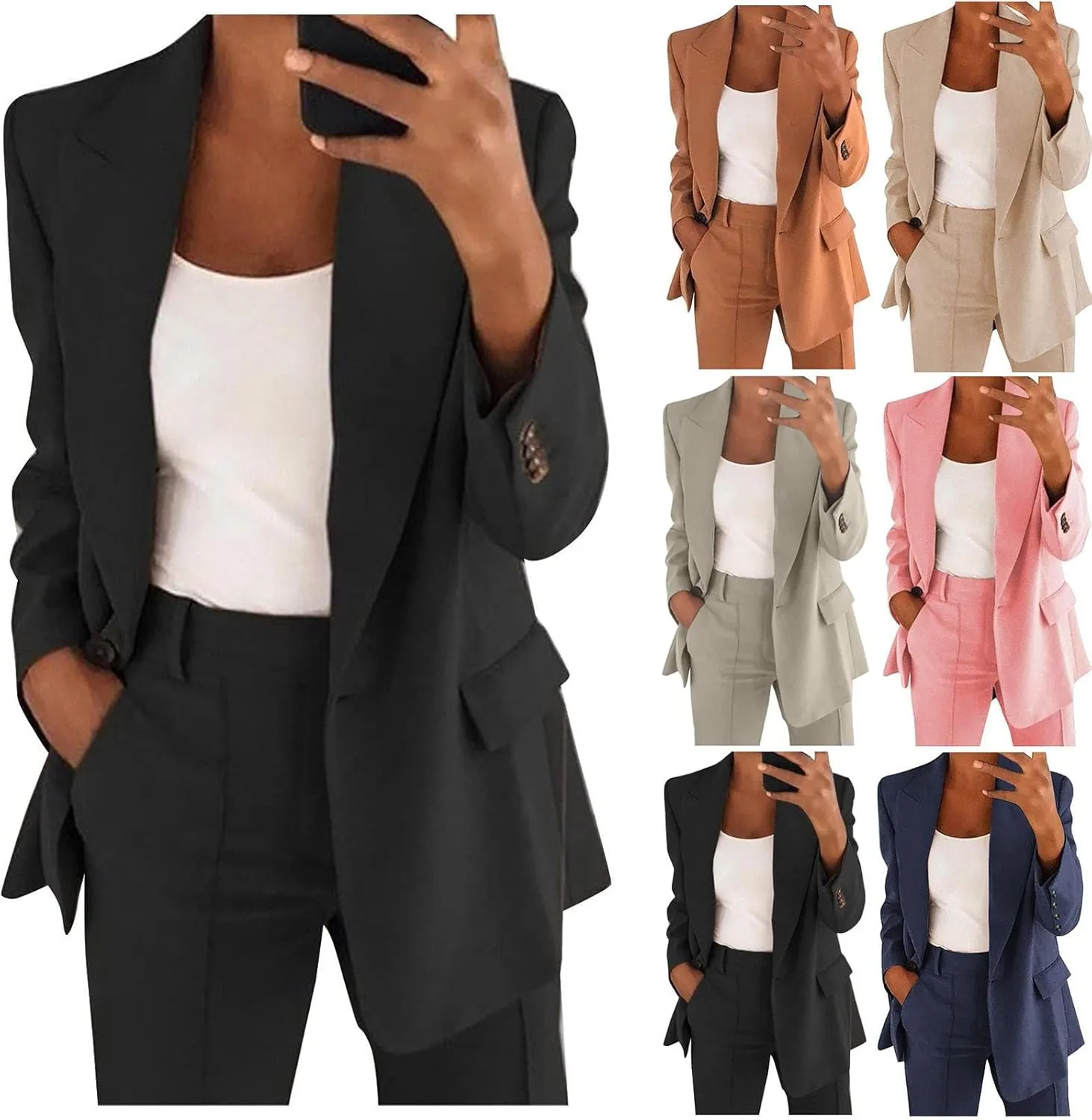 Business Casual Pant Suits Womens 2 Piece Outfits Dressy Casual Long Sleeve Blazer Sets Plus Size Wide Pants Suit Set