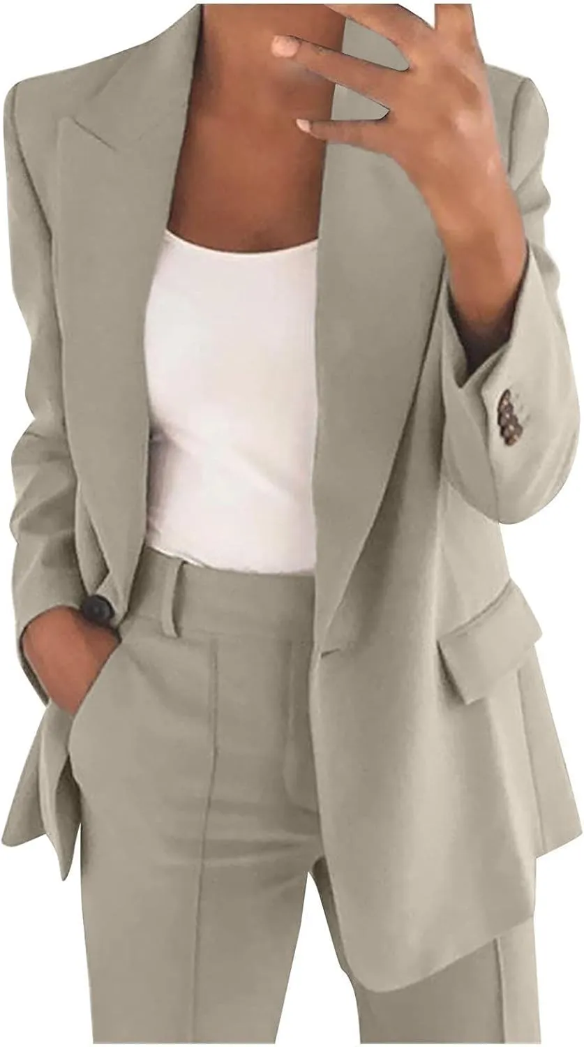 Business Casual Pant Suits Womens 2 Piece Outfits Dressy Casual Long Sleeve Blazer Sets Plus Size Wide Pants Suit Set