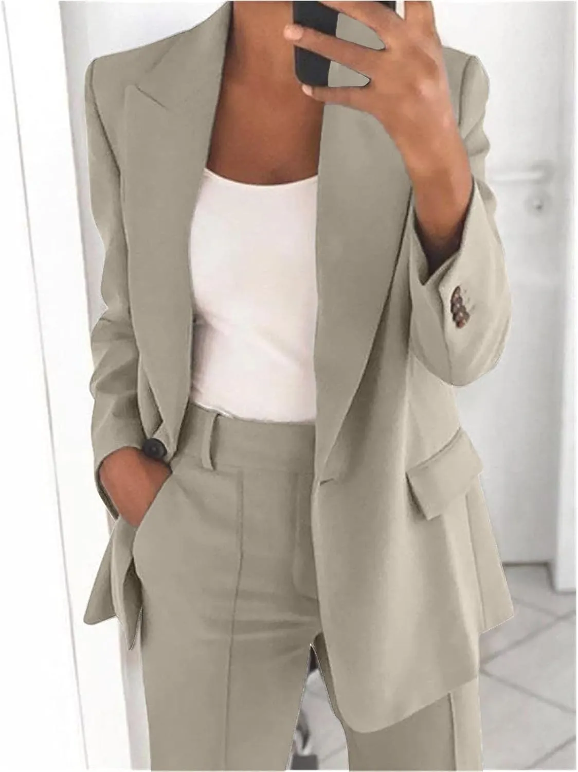 Business Casual Pant Suits Womens 2 Piece Outfits Dressy Casual Long Sleeve Blazer Sets Plus Size Wide Pants Suit Set