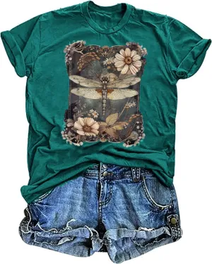 Butovek Womens Vintage Dragonfly Graphic Shirt Casual Boho Flower Round Neck Short Sleeve Top Summer T Shirt