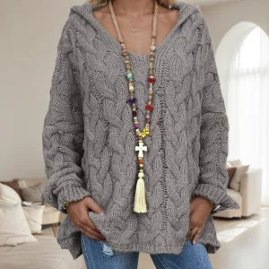 Cable Knit Pullover Sweater Oversized V Neck Long Sleeve Hooded Sweater Causal Chunky Hoodie Jumper Top for Women