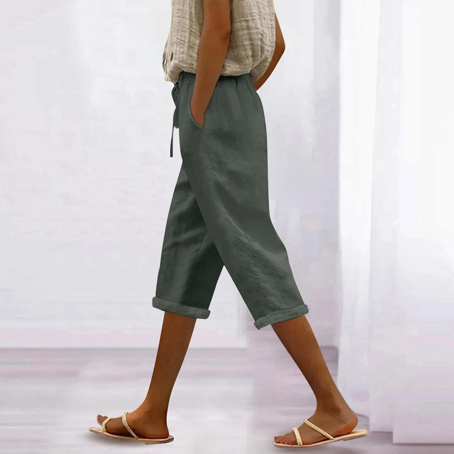 Capri Pants for Women 2025 Knee Length Cotton Linen Capris Summer Straight Leg Loose Beach Shorts with Pockets
