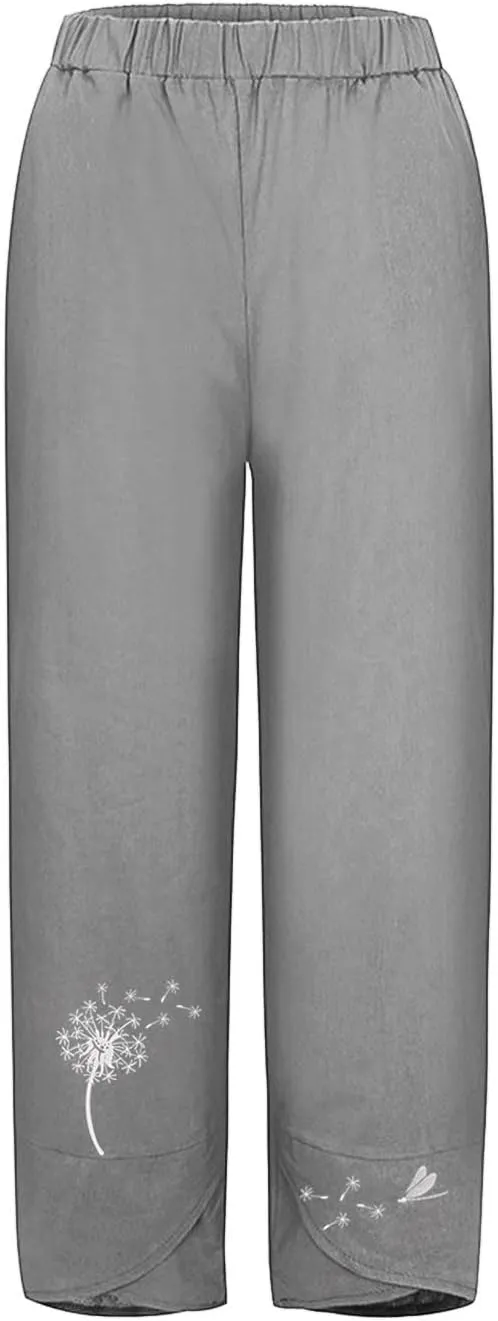 Capri Pants for Women 2025 Summer Cotton Linen Dandelion Cropped Pants High Waisted Baggy Beach Trousers with Pockets