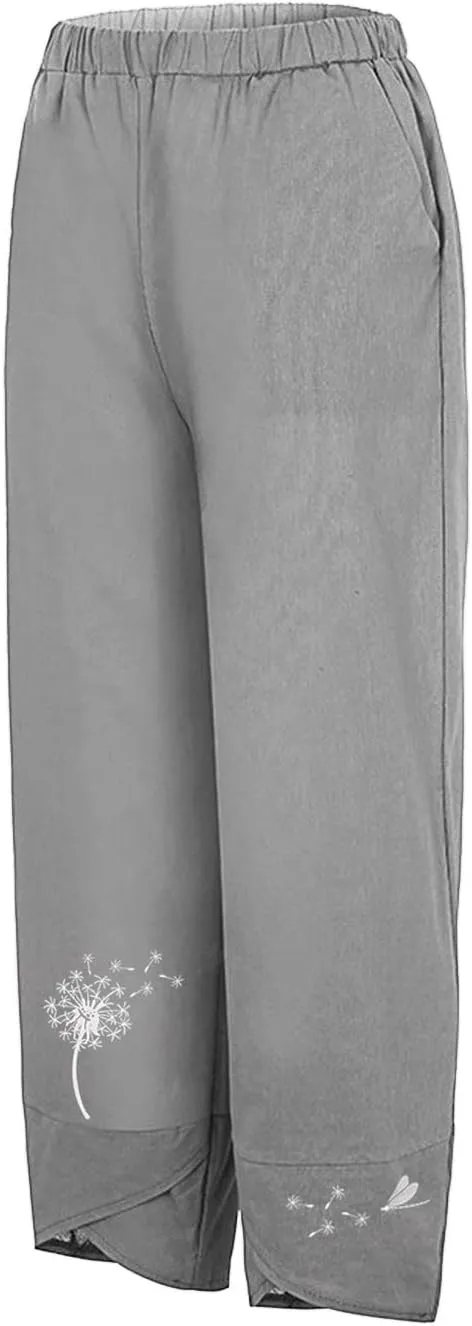 Capri Pants for Women 2025 Summer Cotton Linen Dandelion Cropped Pants High Waisted Baggy Beach Trousers with Pockets