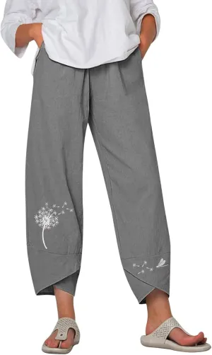 Capri Pants for Women 2025 Summer Cotton Linen Dandelion Cropped Pants High Waisted Baggy Beach Trousers with Pockets