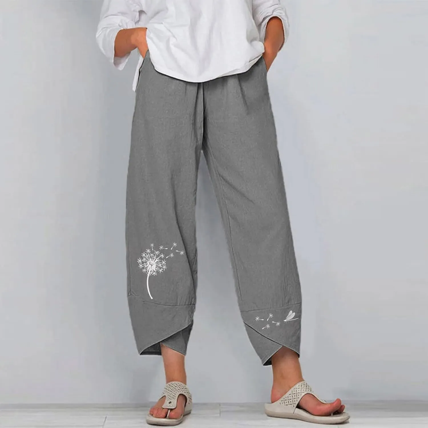 Capri Pants for Women 2025 Summer Cotton Linen Dandelion Cropped Pants High Waisted Baggy Beach Trousers with Pockets