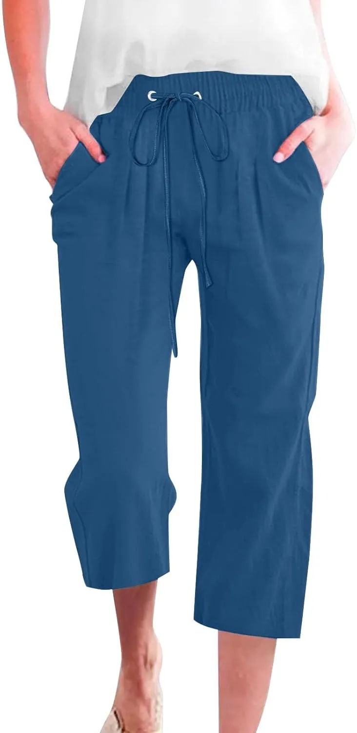 Capri Pants for Women Casual 20235 Summer Drawstring Elastic High Waist Linen Capri Straight Wide Leg Cropped Trousers