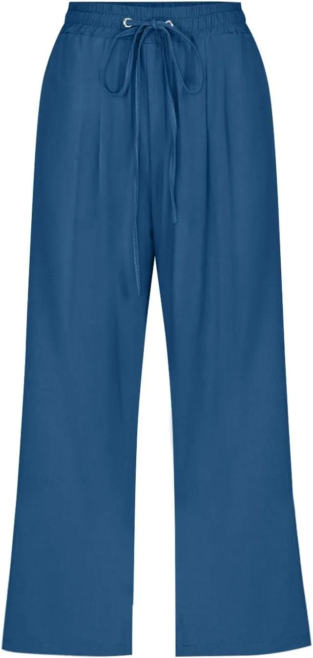 Capri Pants for Women Casual 20235 Summer Drawstring Elastic High Waist Linen Capri Straight Wide Leg Cropped Trousers