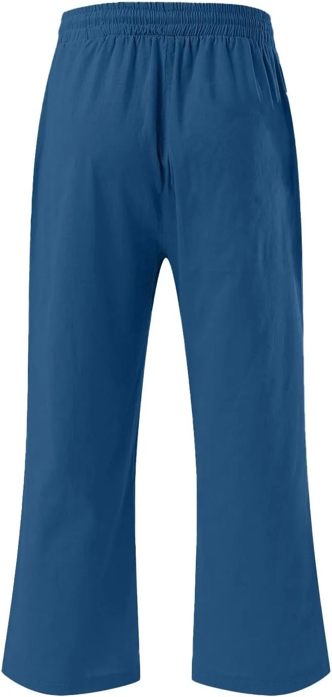 Capri Pants for Women Casual 20235 Summer Drawstring Elastic High Waist Linen Capri Straight Wide Leg Cropped Trousers