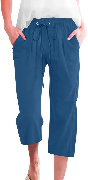 Capri Pants for Women Casual 20235 Summer Drawstring Elastic High Waist Linen Capri Straight Wide Leg Cropped Trousers