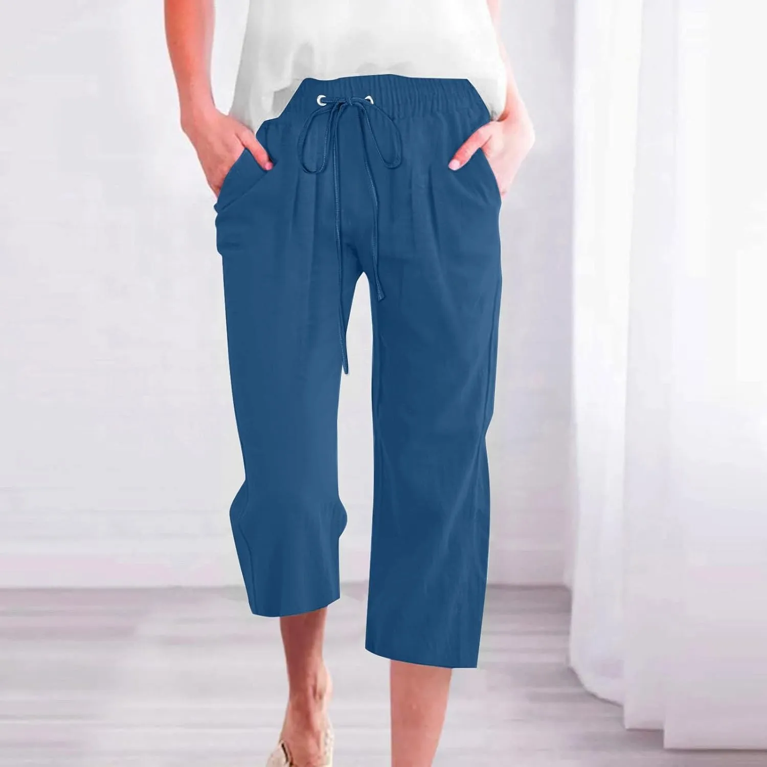 Capri Pants for Women Casual 20235 Summer Drawstring Elastic High Waist Linen Capri Straight Wide Leg Cropped Trousers