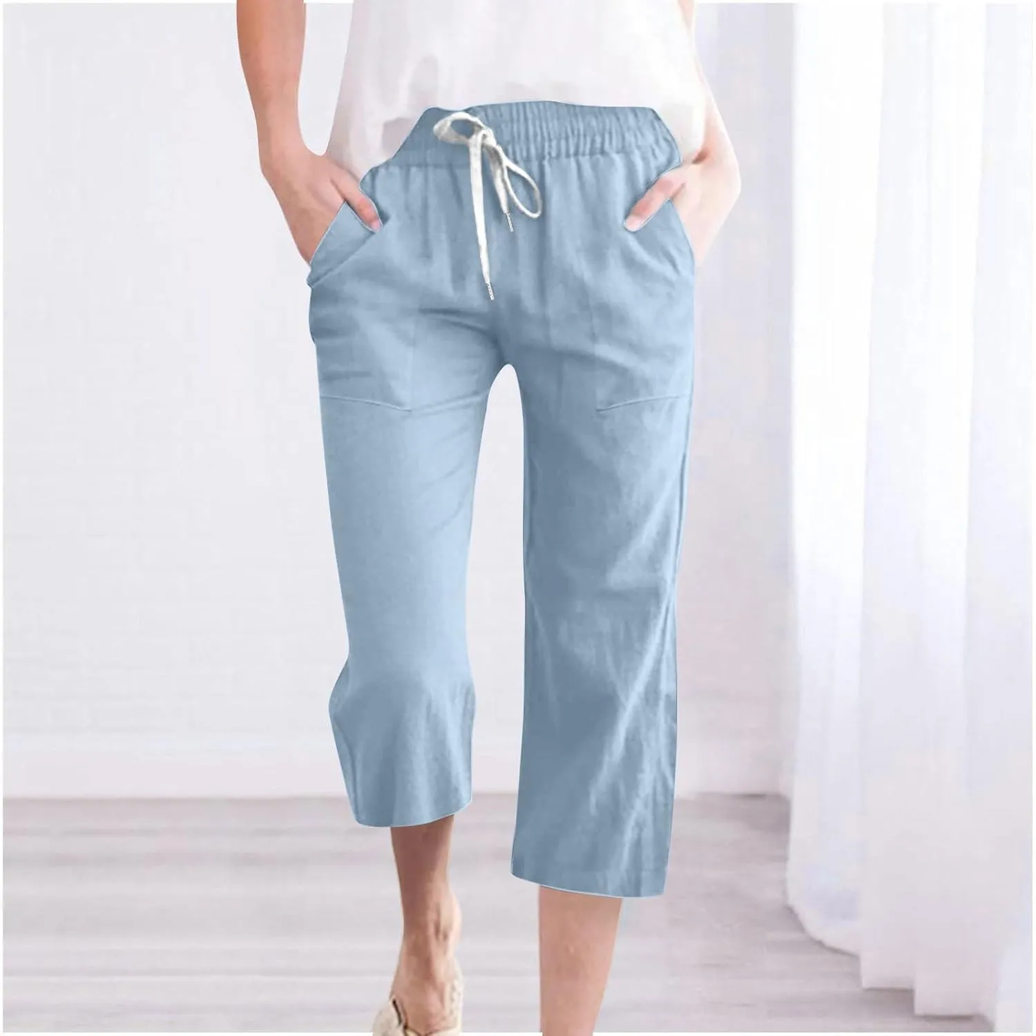 Capri Pants for Women Casual 2025 Summer Drawstring Elastic High Waist Linen Pant Straight Wide Leg Cropped Trousers