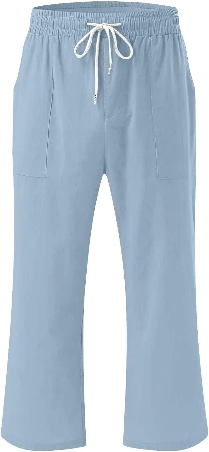 Capri Pants for Women Casual 2025 Summer Drawstring Elastic High Waist Linen Pant Straight Wide Leg Cropped Trousers