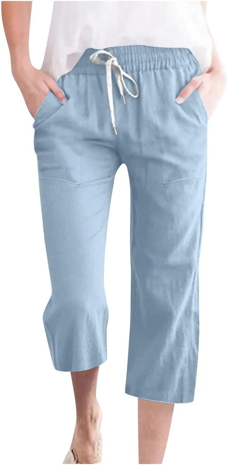 Capri Pants for Women Casual 2025 Summer Drawstring Elastic High Waist Linen Pant Straight Wide Leg Cropped Trousers