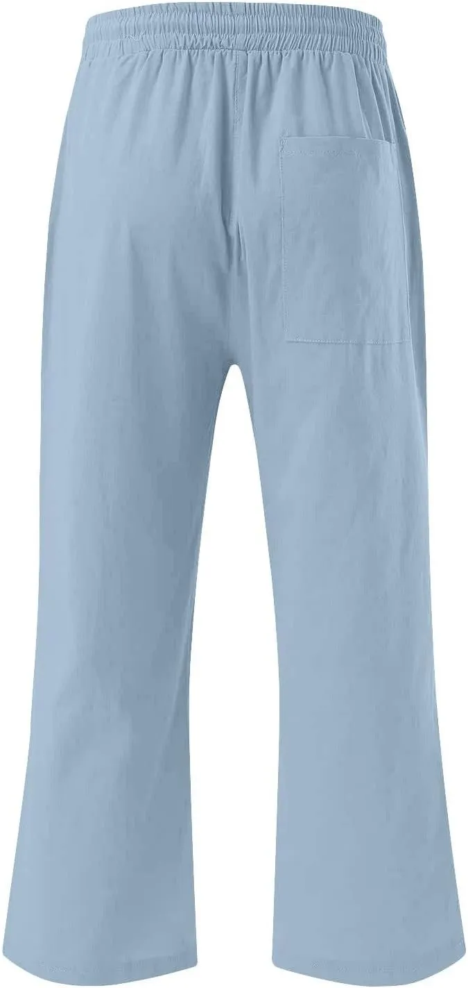 Capri Pants for Women Casual 2025 Summer Drawstring Elastic High Waist Linen Pant Straight Wide Leg Cropped Trousers