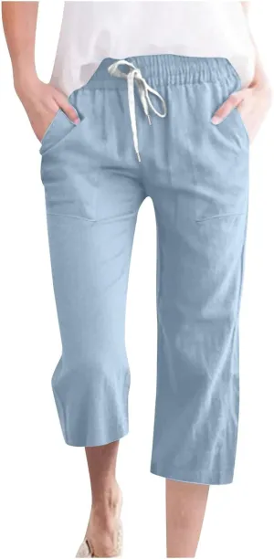 Capri Pants for Women Casual 2025 Summer Drawstring Elastic High Waist Linen Pant Straight Wide Leg Cropped Trousers