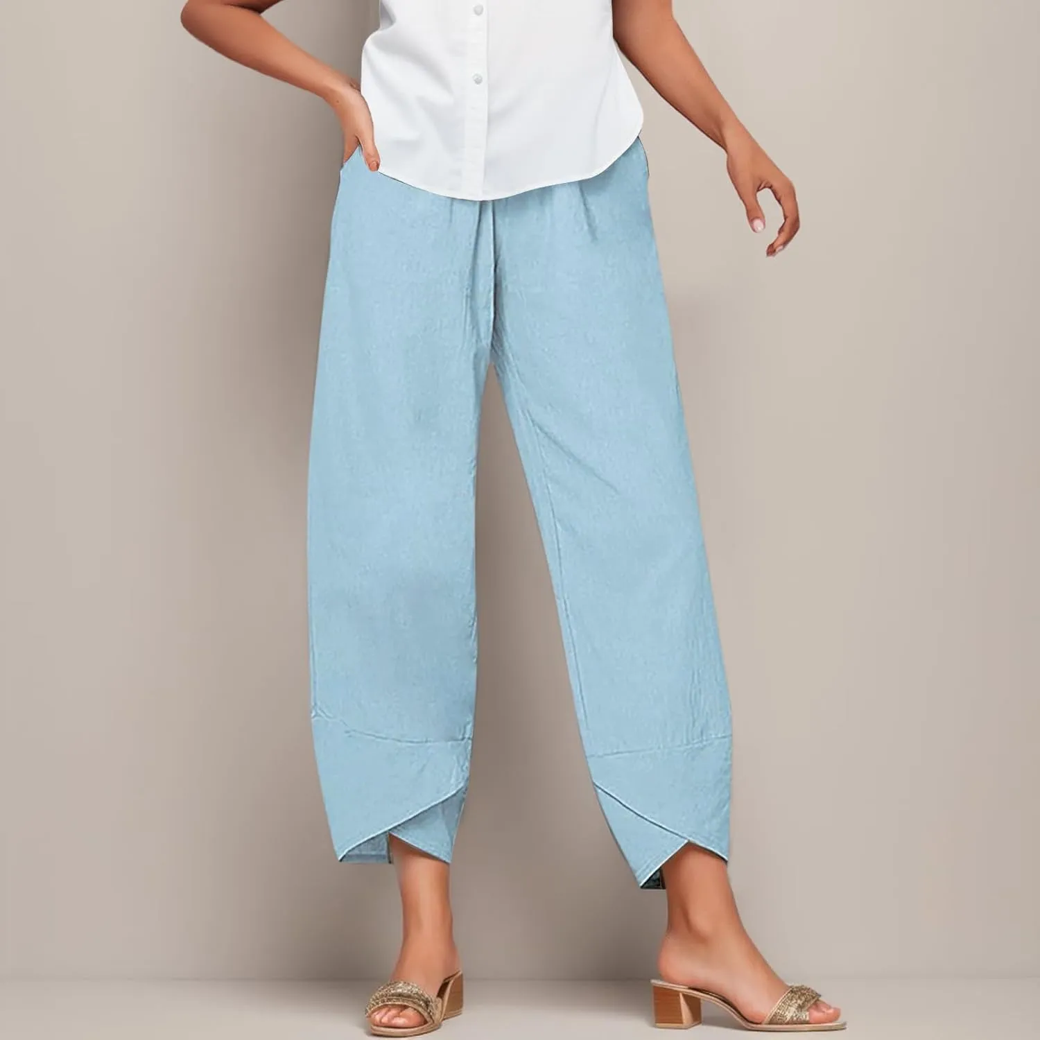 Capri Pants for Women Casual Cotton Linen Wide Leg Cropped Trousers Summer Trendy Lounge Palazzo Pant with Pockets