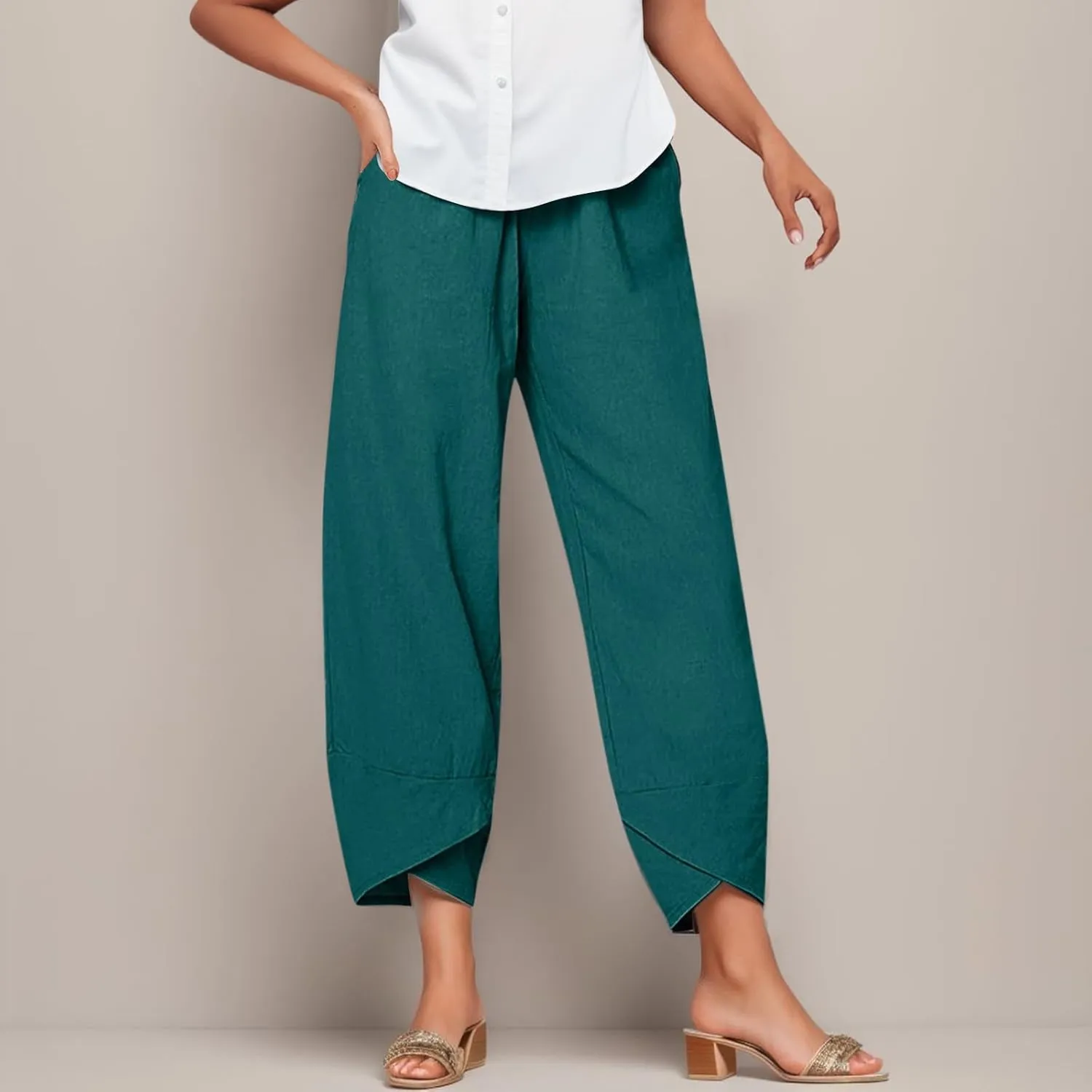 Capri Pants for Women Casual Cotton Linen Wide Leg Cropped Trousers Summer Trendy Lounge Palazzo Pant with Pockets